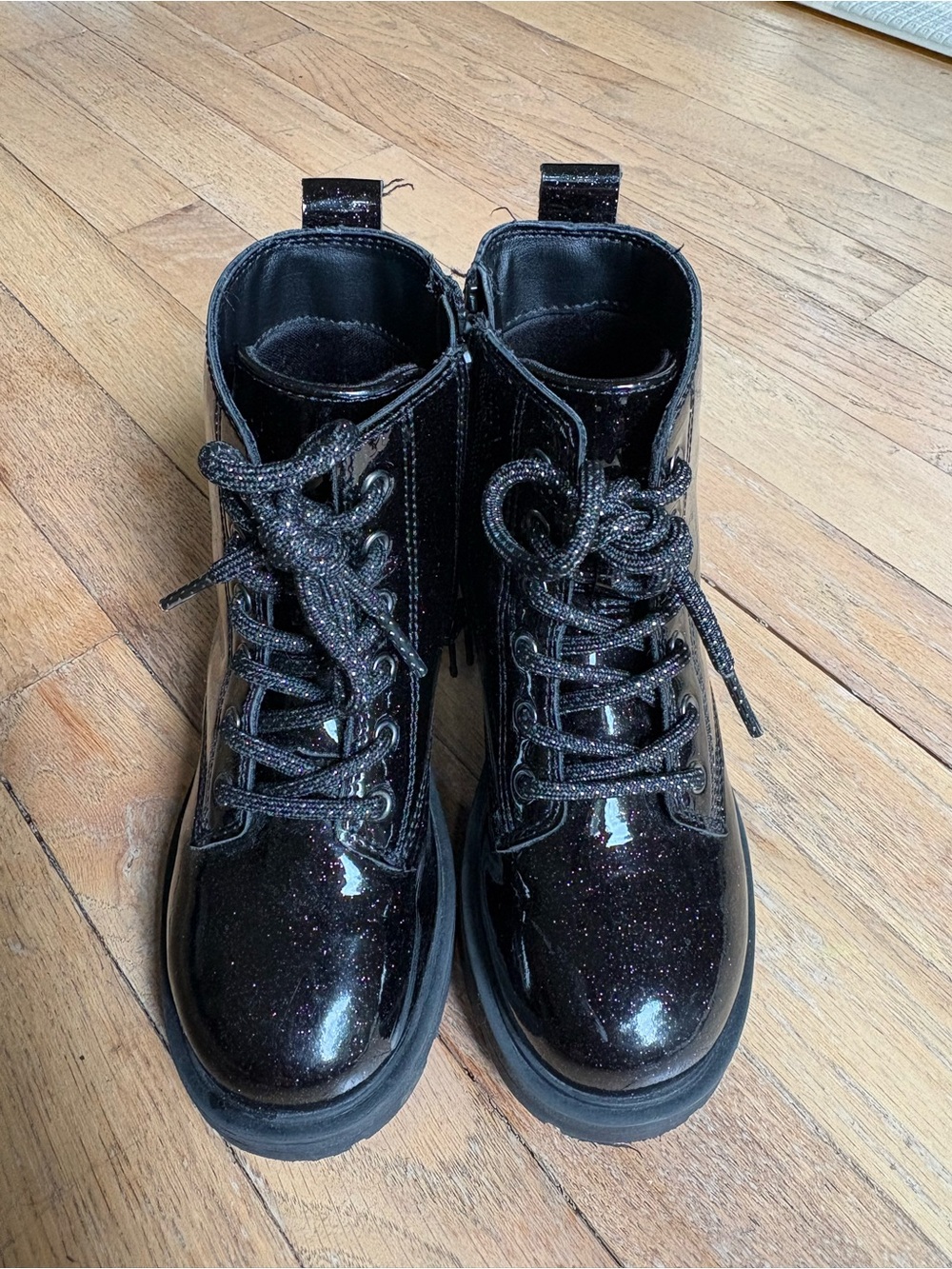 Old Navy Black Glitter Patent Lace-Up Kids Combat Boots
